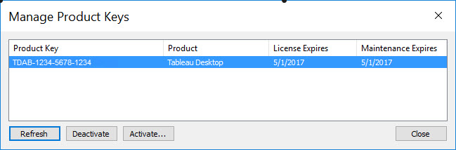 Image of the "manage product keys" window with a key selected