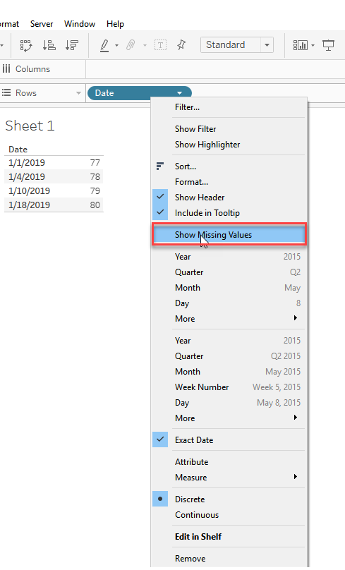 How To Show Missing Date Values From The Data Set In The View And Copy The Last Available Date Value For The Missing Values Tableau Software