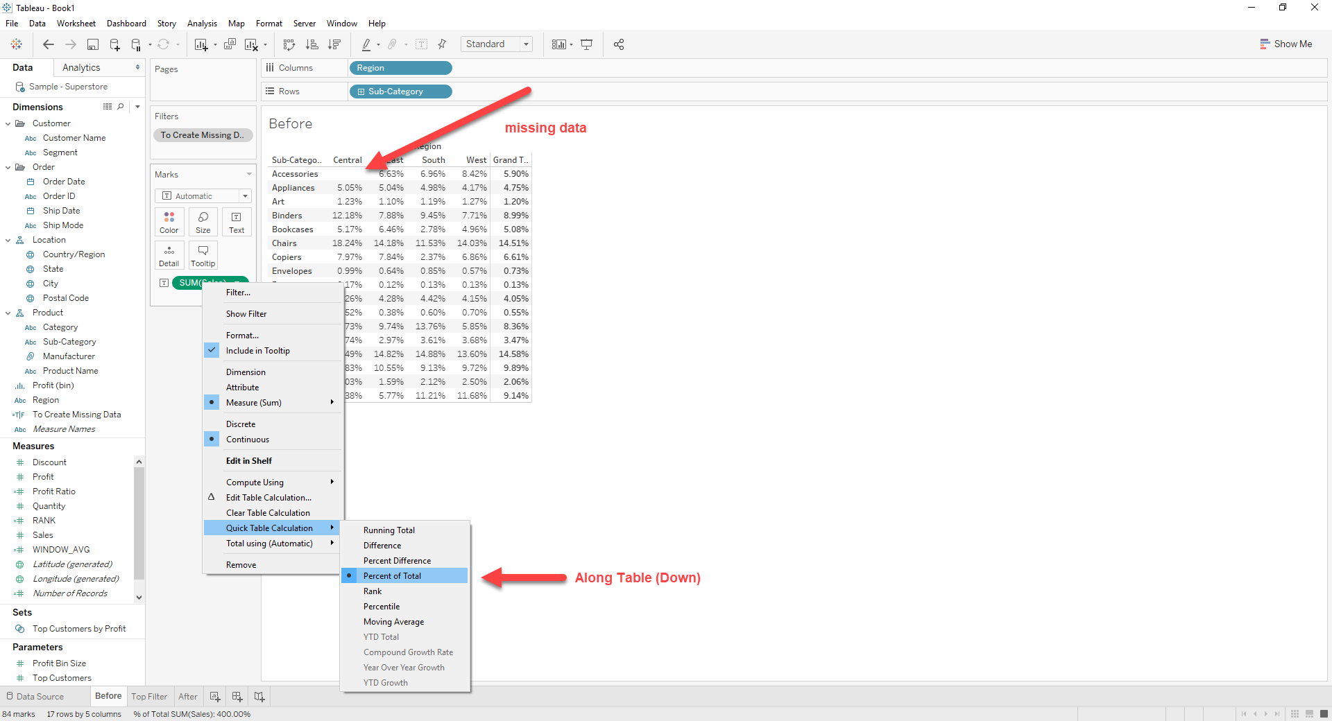 How To Keep Top 10 Sub Category By Total Sales While Showing Percent Of Total With Missing Data Tableau Software