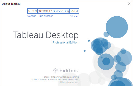 Screenshot of the "about Tableau" window with version, build number and bitness highlighted