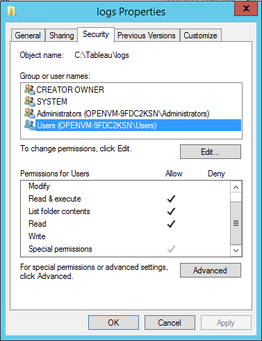 “Tableau Server 属性”窗口的图像，其中已选中“读取和执行”、“列出文件夹内容”、“读取”和“特殊权限”