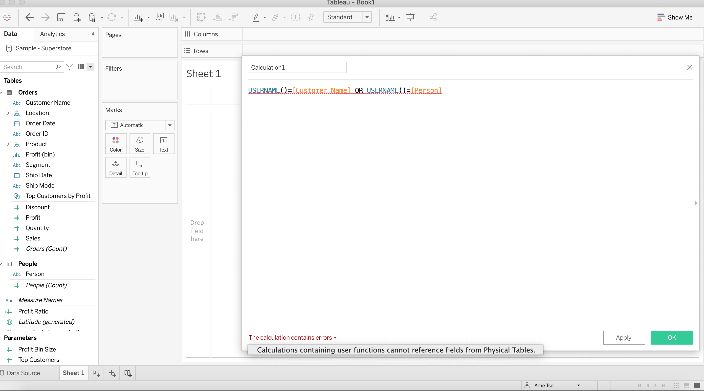 错误 包含用户函数的计算无法引用物理表中的字段 Tableau Software