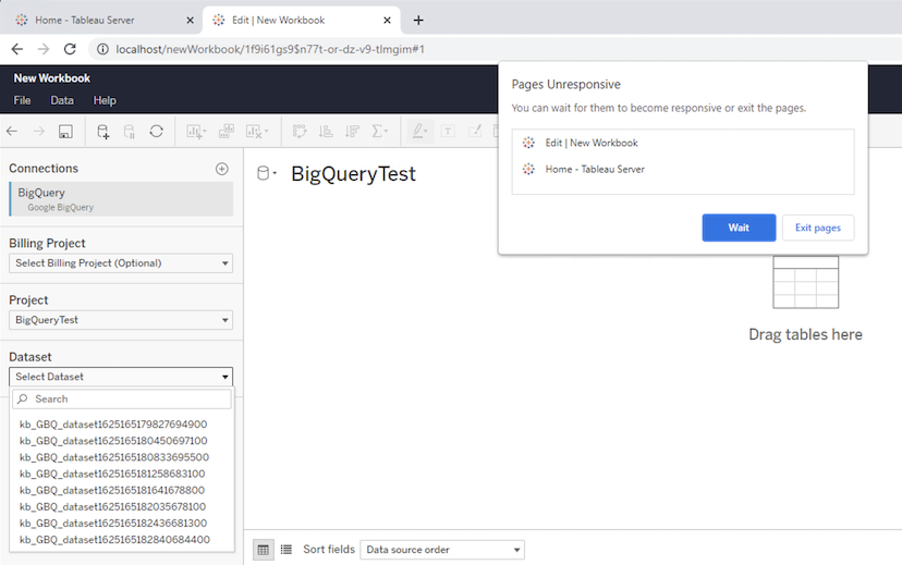 Pages Unresponsive prompt for Google BigQuery